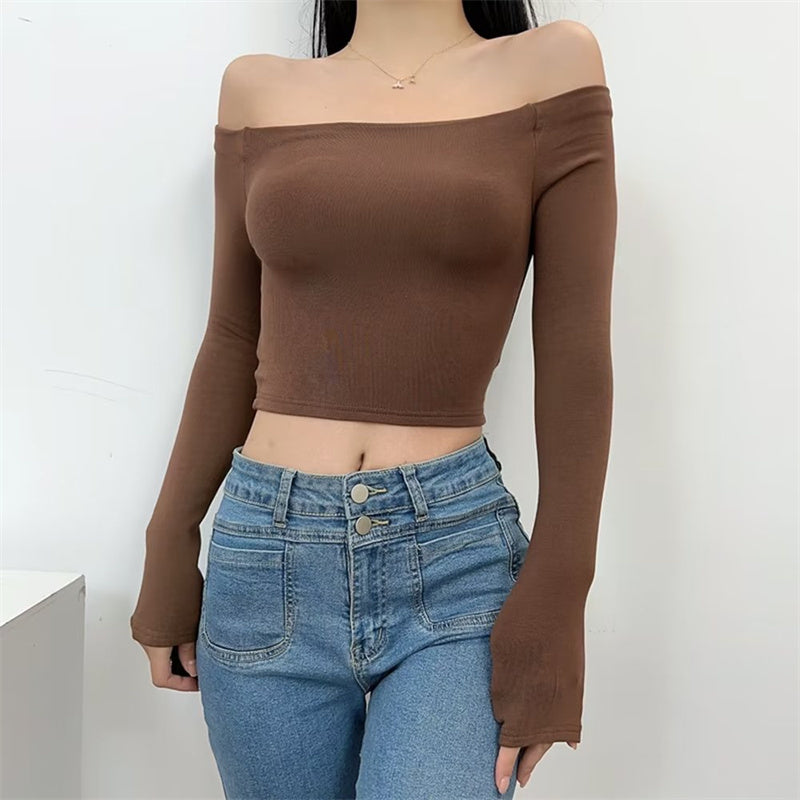 Sweet Sexy Sexy off-the-Shoulder Cashmere Fleece-lined Long Sleeves Pure Desire T-shirt Silm Slimming Inner Pure Color Bottoming Shirt Ins