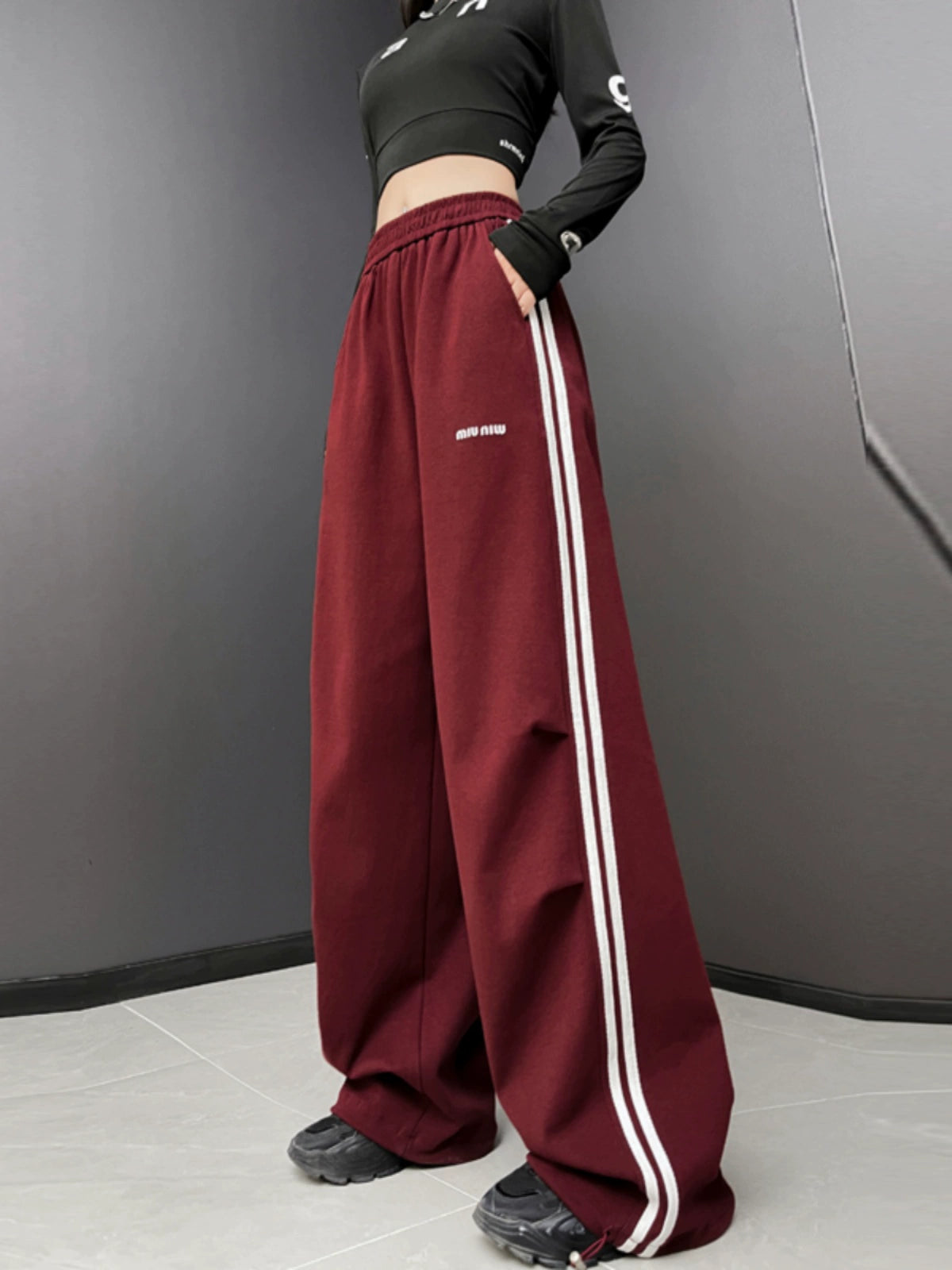 Ankela Red American Style Hip Hop Jazz Dance Sports Velvet Sweatpants Female High Waist Ankle-Tied Wide Leg Leisure Student Trousers