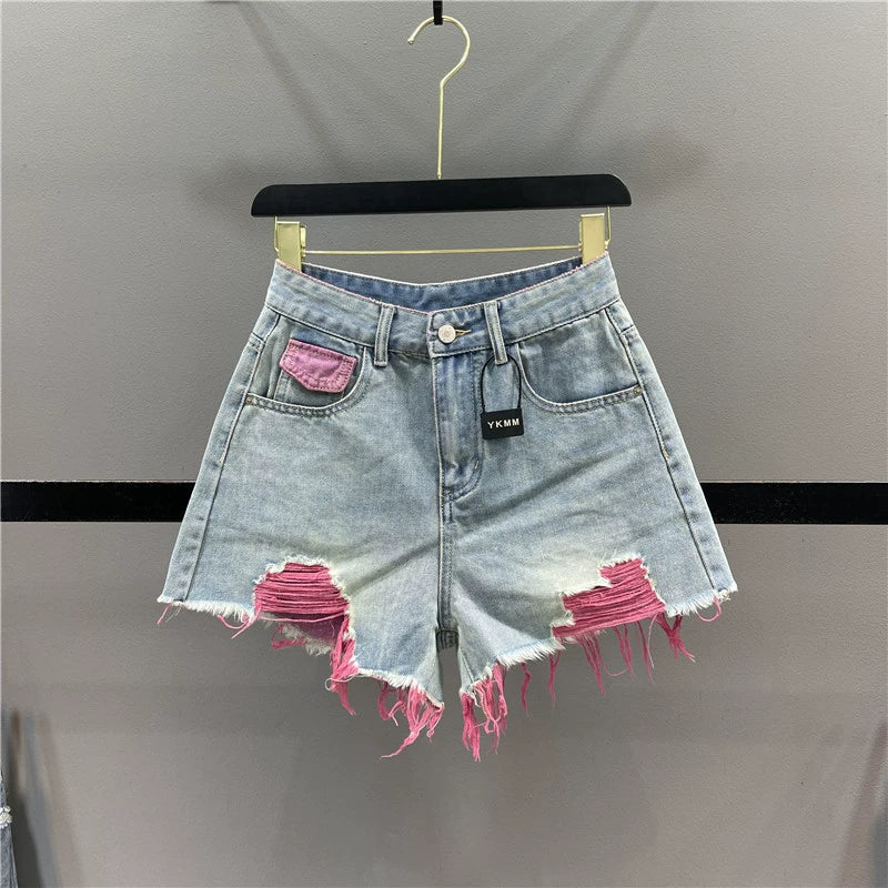 Color Ripped Jeans Shorts Women 2024 Summer New High Waist Slimming Gyaru A Word Frayed Wide Leg Pants Hot Pants