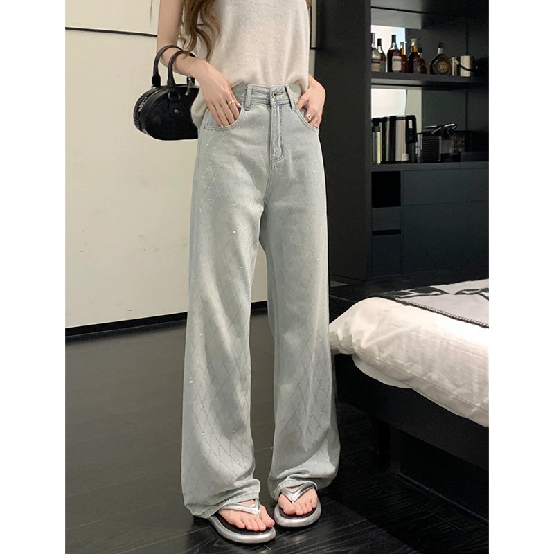 Yaoxiaojie American Style Quilted Hot Drilling Denim Female Summer High Waist Light Color Mop Wide Leg Pants