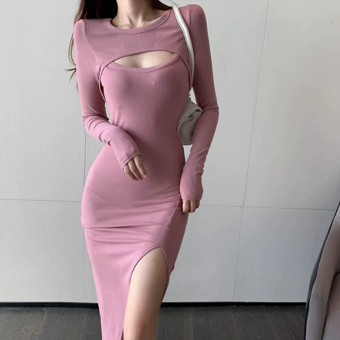 Cut Out round Neck Slim-Fit Annual Party Dress Long Sleeve Dress