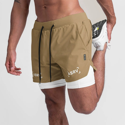 ASRV Homens Fitness Corrida Treinamento Forro de Camada Dupla Agachamento Elástico Respirável Forro de Secagem Rápida Shorts de Comprimento Médio