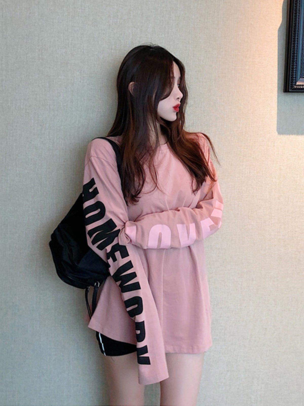 Pink Bandage Dress Long Sleeves Loose-Fitting European Vintage Bottoming Shirt