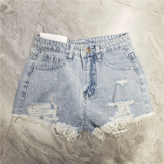 Fashion Sexy Ripped Raw Hem Jeans Female 24 Summer New Arrival High Waist Hot Pants Tassel Hot Drilling Stylish Super Short Shorts