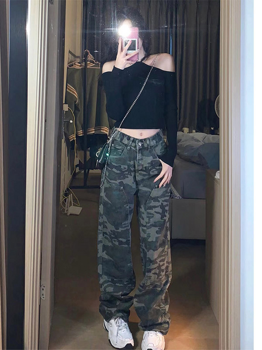 Plus Size Plus Size Ladies Camouflage Loose Pants Women's High Street Casual Hip Hop Loose Slim Looking Sports Army Green Cargo Jeans