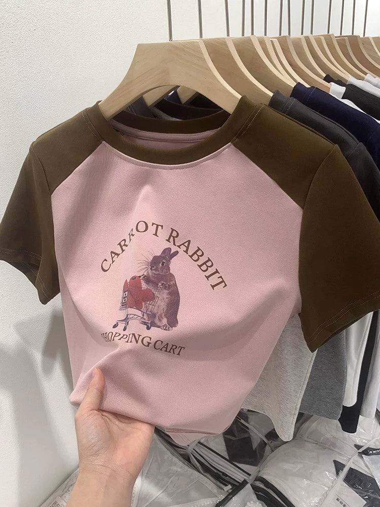 Camiseta cinza chique com estampa skinny e manga curta de cintura alta