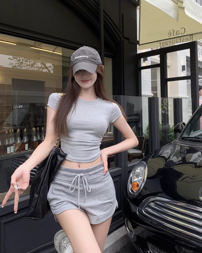 Sexy White Irregular Crew Neck Shoulder Short-Sleeved T-shirt Women's Summer Close-Fitting and Slim-Fitting Short Crop Top Pure Desire Tops