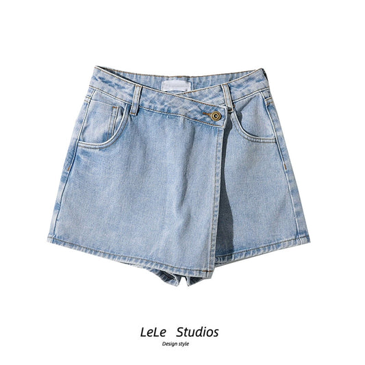 Anti-Aging Fashion Asymmetrical Fake Two-Piece Denim Shorts