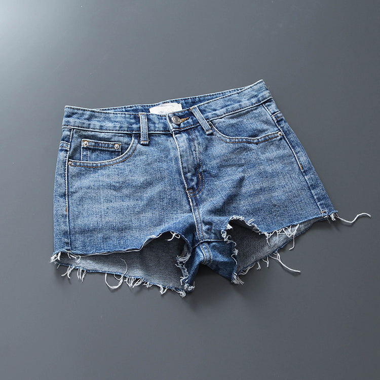 European K-style Tassel Mid-Waist White Hole Denim Shorts