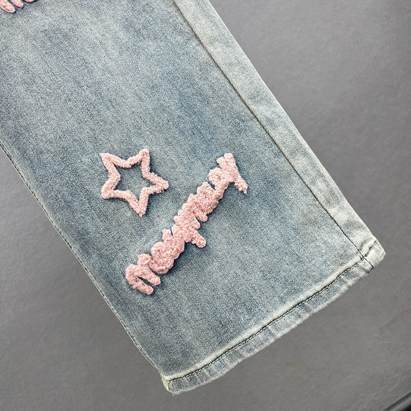 Single Product Pink Letters Straight High Waist Stylish Embroider