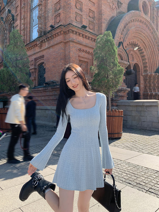 Mulvan French U-Collar Knitting Dress Female Fall and Winter Small Waist-Controlled Slimming Long Sleeve Cable Stitch A- line Short Skirt