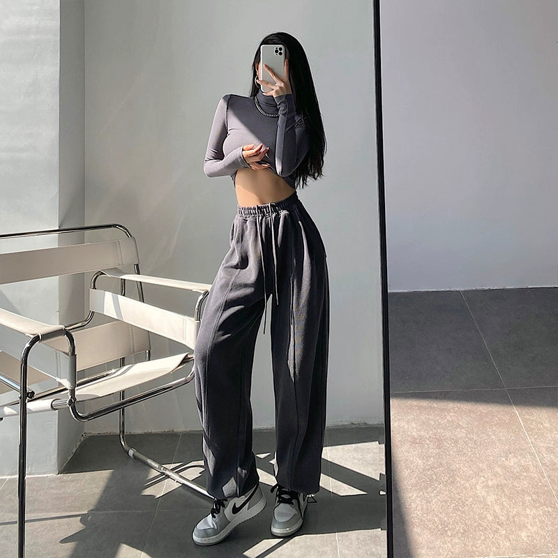 Fashion High Waist Loose Tappered Sports Pants Drawstring