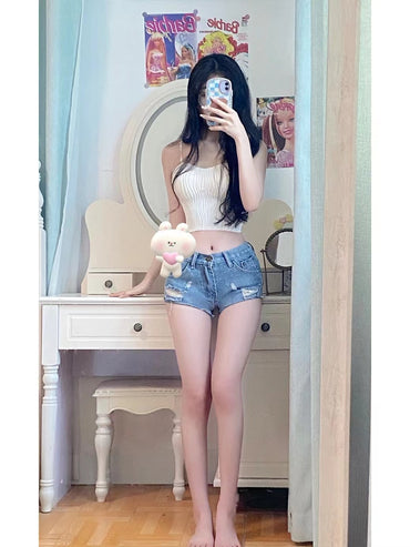 Shorts jeans super curtos americanos sensuais de cintura baixa, femininos, lançamento de verão 2023, calças justas e sensuais de cintura alta e quadril