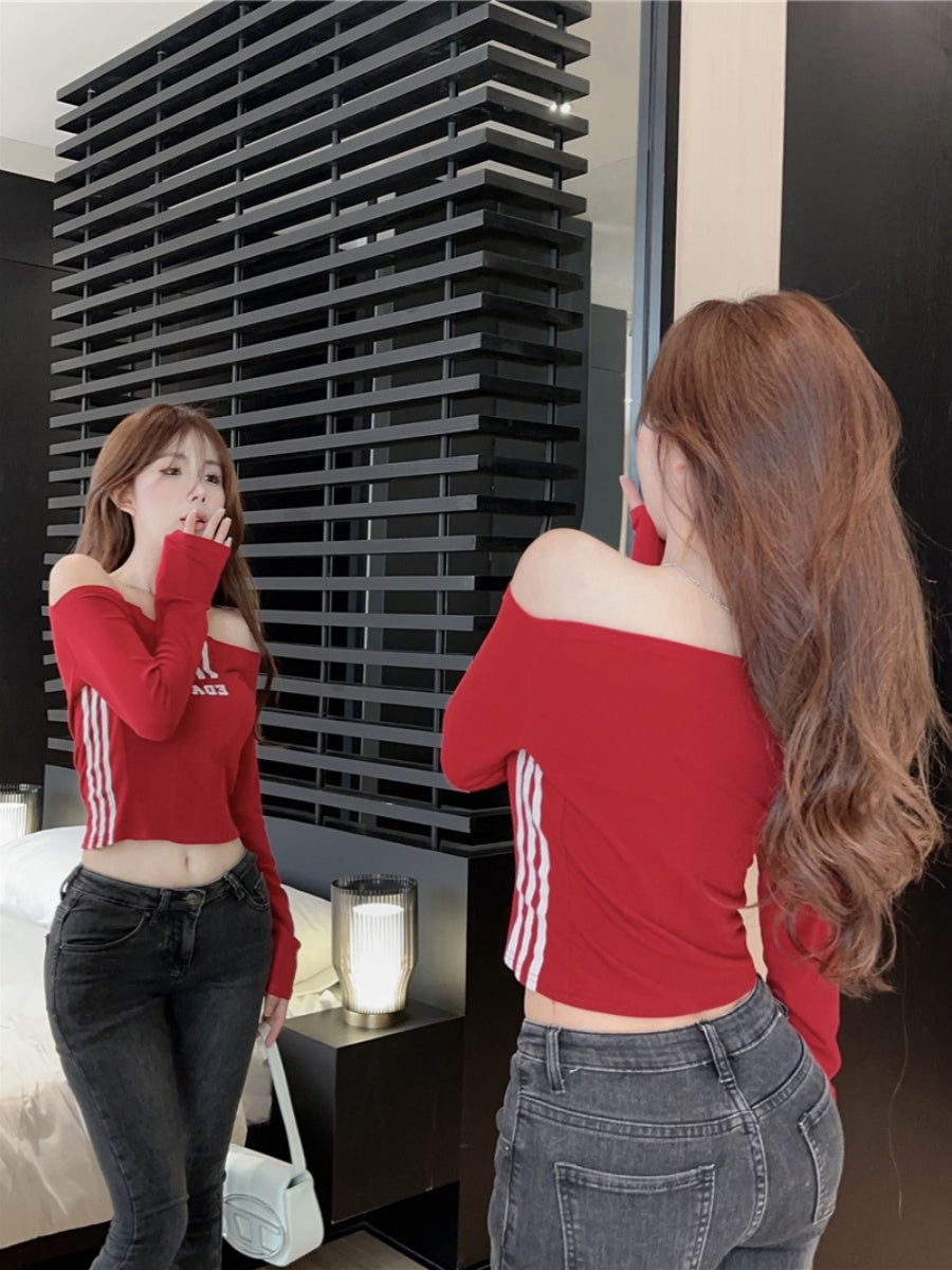 Hot American off-Shoulder T-Shirt Tops Female Fall Slim Fit Stylish Niche Style Short Bottoming Shirt 2025 New Arrival