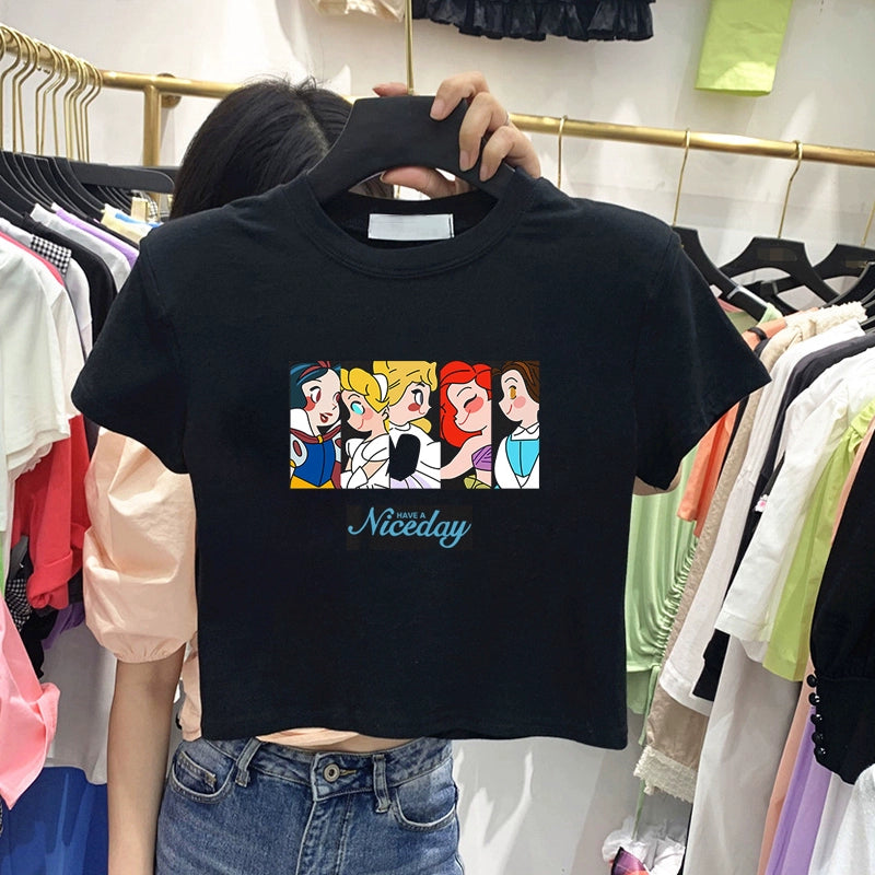 Moda T-shirt Retro Ins Cadeia Barriga-Expondo Tops de Manga Curta