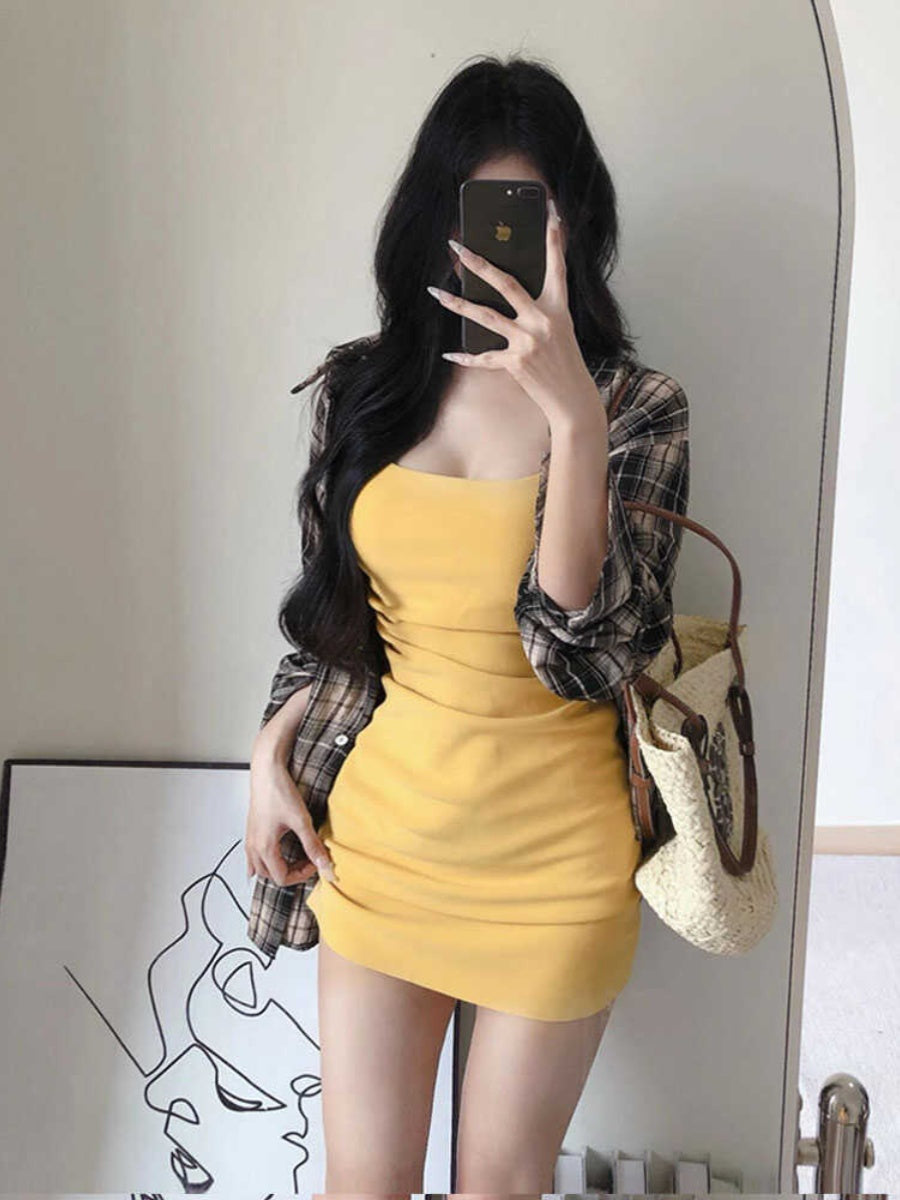 Square-Neck Cinched Sexy Skinny Slimming Sling Dress