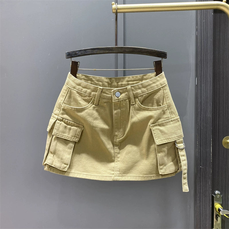 Saia jeans estilo coreano para trabalho de verão com bolso