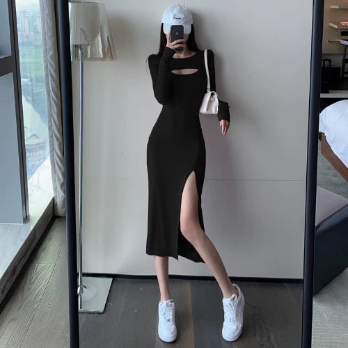 Cut Out round Neck Slim-Fit Annual Party Dress Long Sleeve Dress