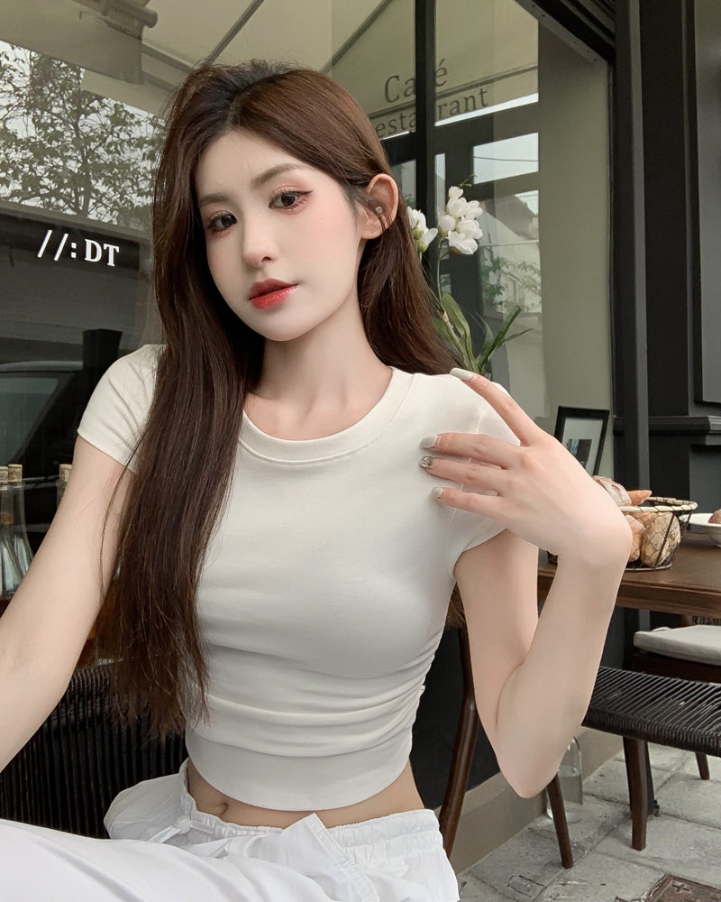 Summer Slim Fit Midriff-Baring Shoulder Tops Ins Short Sleeve T-shirt