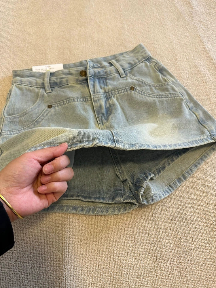 Saia jeans vintage sexy, saia-calça feminina, primavera e outono, nova chegada, linha A, cintura alta, pequena, fita fashion, saia versátil