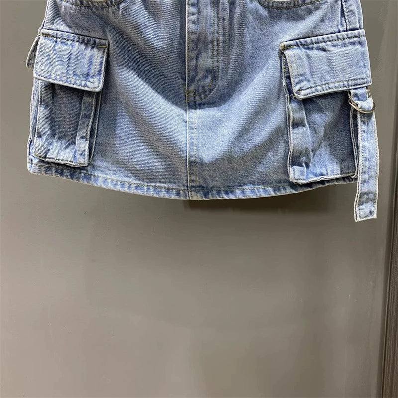 Saia jeans estilo coreano para trabalho de verão com bolso