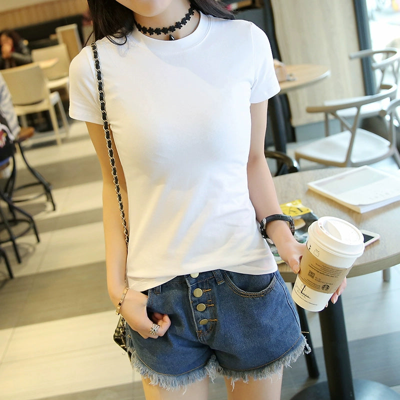 2023 New Arrival Summer White Bottoming Shirt Women's Inner Half-High Collar Short Sleeve Ins Super Hot Top Super Hot All-Match T-shirt