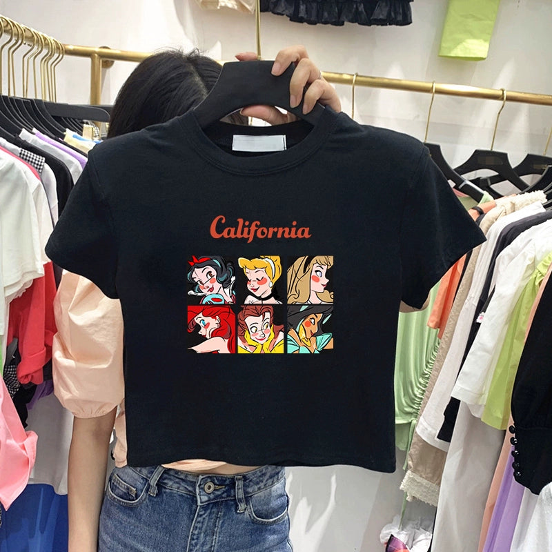 Moda T-shirt Retro Ins Cadeia Barriga-Expondo Tops de Manga Curta