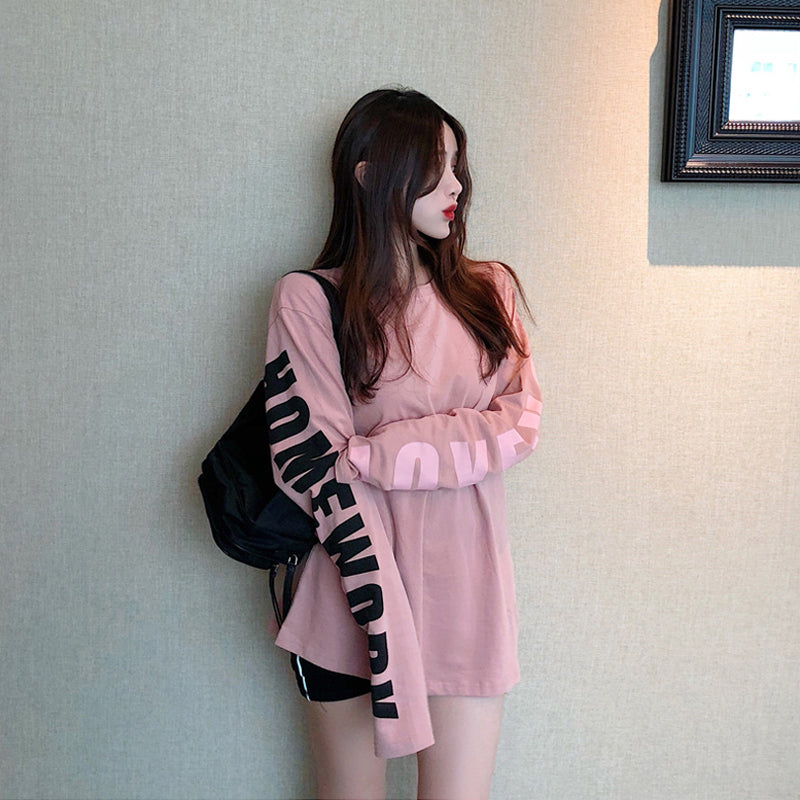 Pink Bandage Dress Long Sleeves Loose-Fitting European Vintage Bottoming Shirt