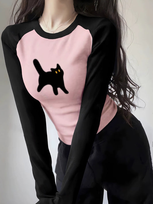 Long Sleeves Raglan Tops Women's Autumn and Winter Slim Looking Silm Sneaky Design Sweet and Spicy T-shirt Short American Inner Bottoming Shirt