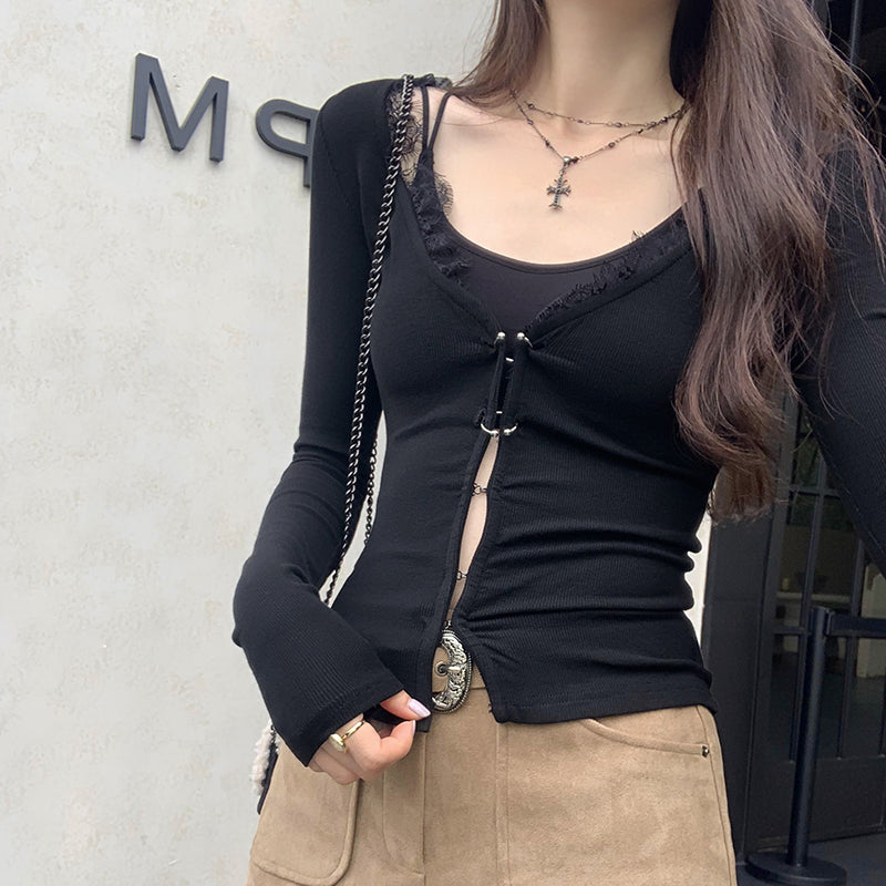 Metal Long Sleeves American Pure Desire Sexy V Neck Bottoming Shirt