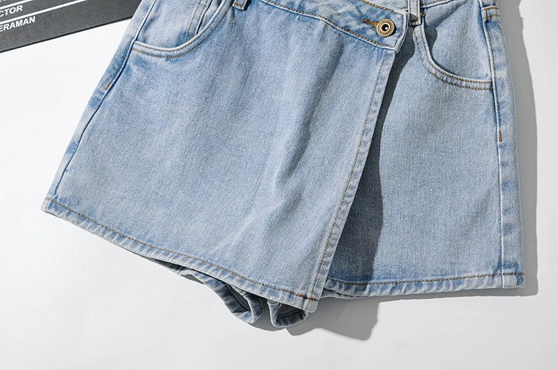 Anti-Aging Fashion Asymmetrical Fake Two-Piece Denim Shorts