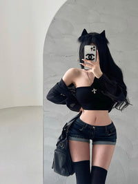 Younggirlday American Gyaru Sexy Cintura Baixa Bainha Apertada Curling Slim Fit Demin Shorts Calças Quentes Mulheres