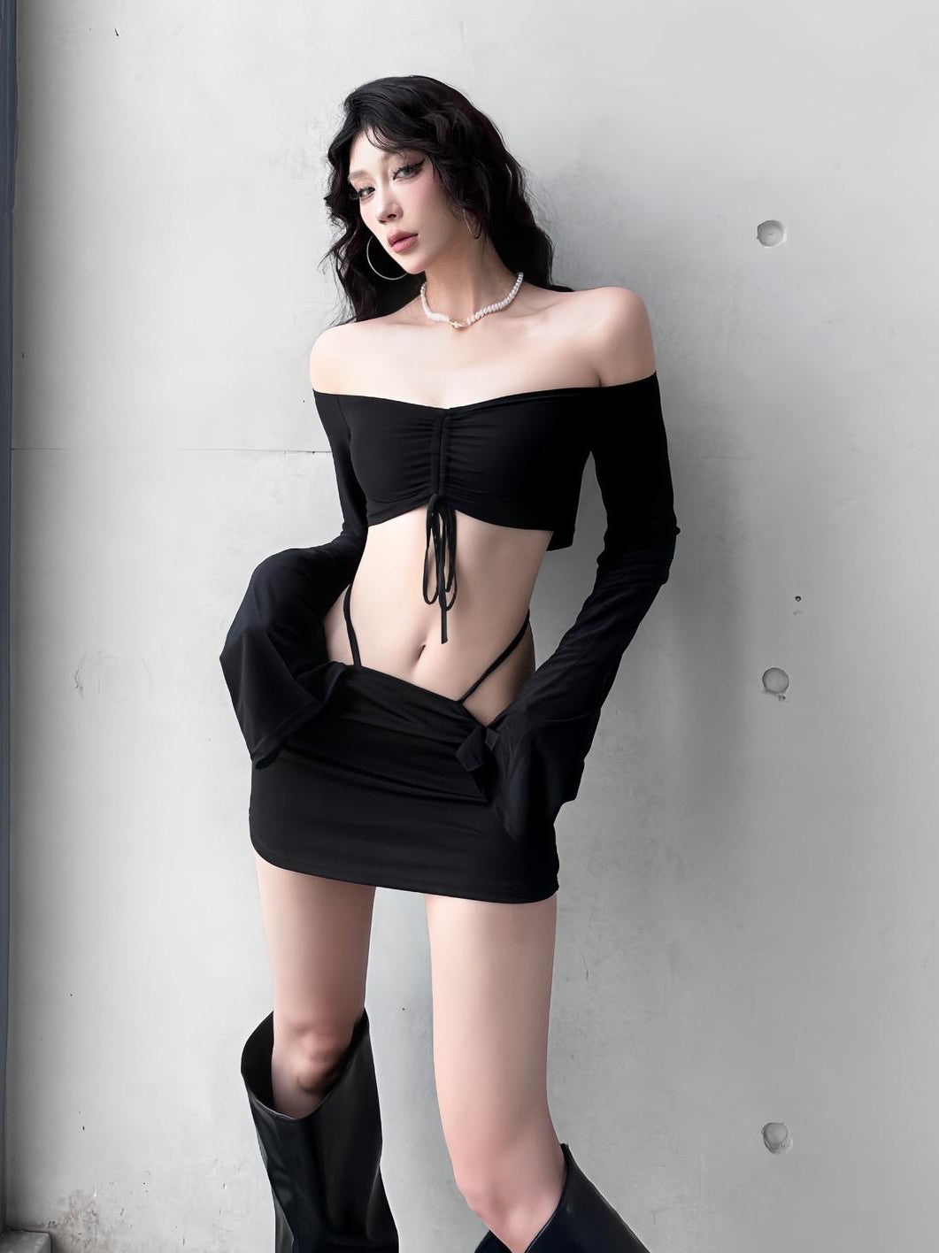 Sexy Sexy Style Short Drawstring Bell Sleeve Tops Low Waist Hip-Wrapped Short Skirt Fashion Two-Piece Suit Women