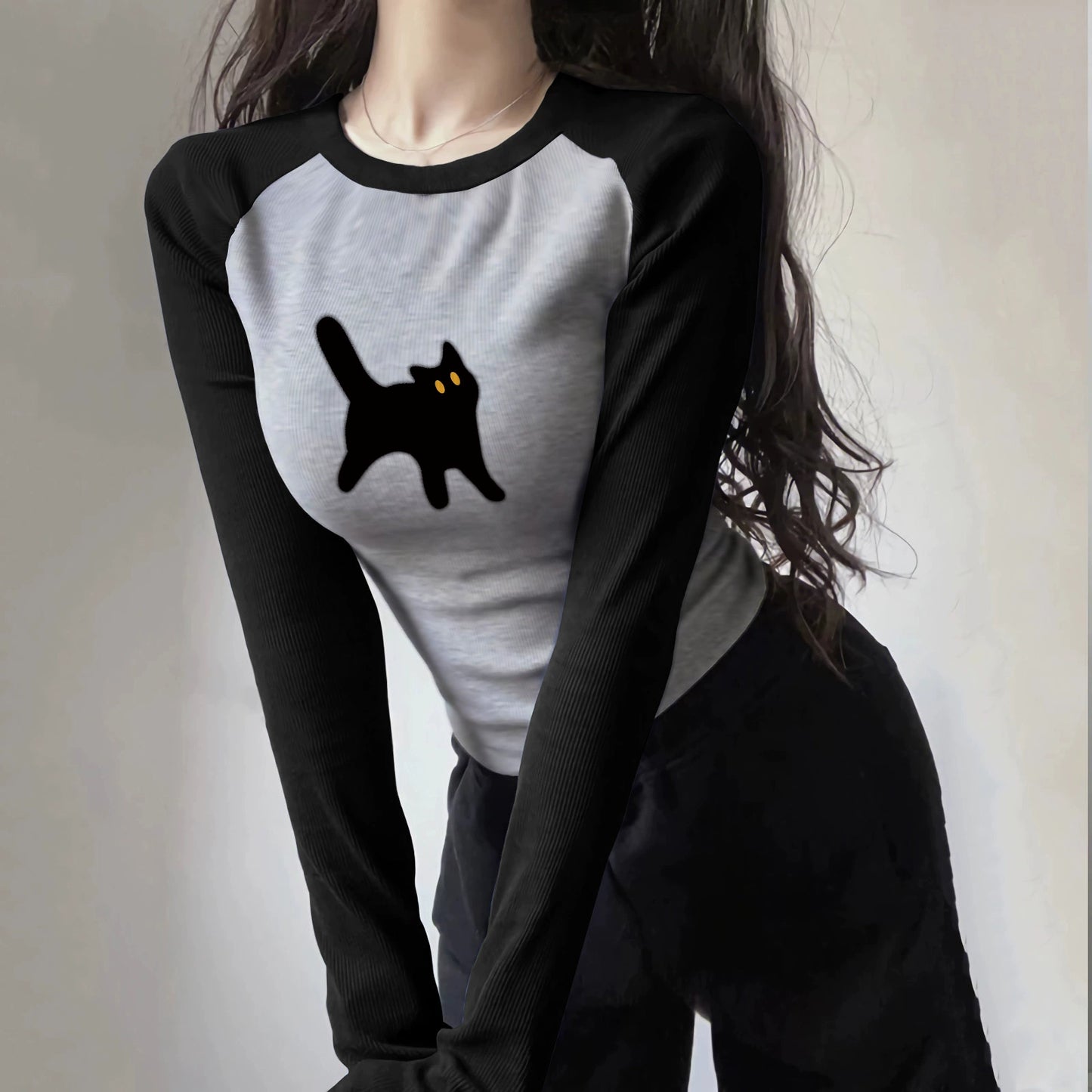 Long Sleeves Raglan Tops Women's Autumn and Winter Slim Looking Silm Sneaky Design Sweet and Spicy T-shirt Short American Inner Bottoming Shirt