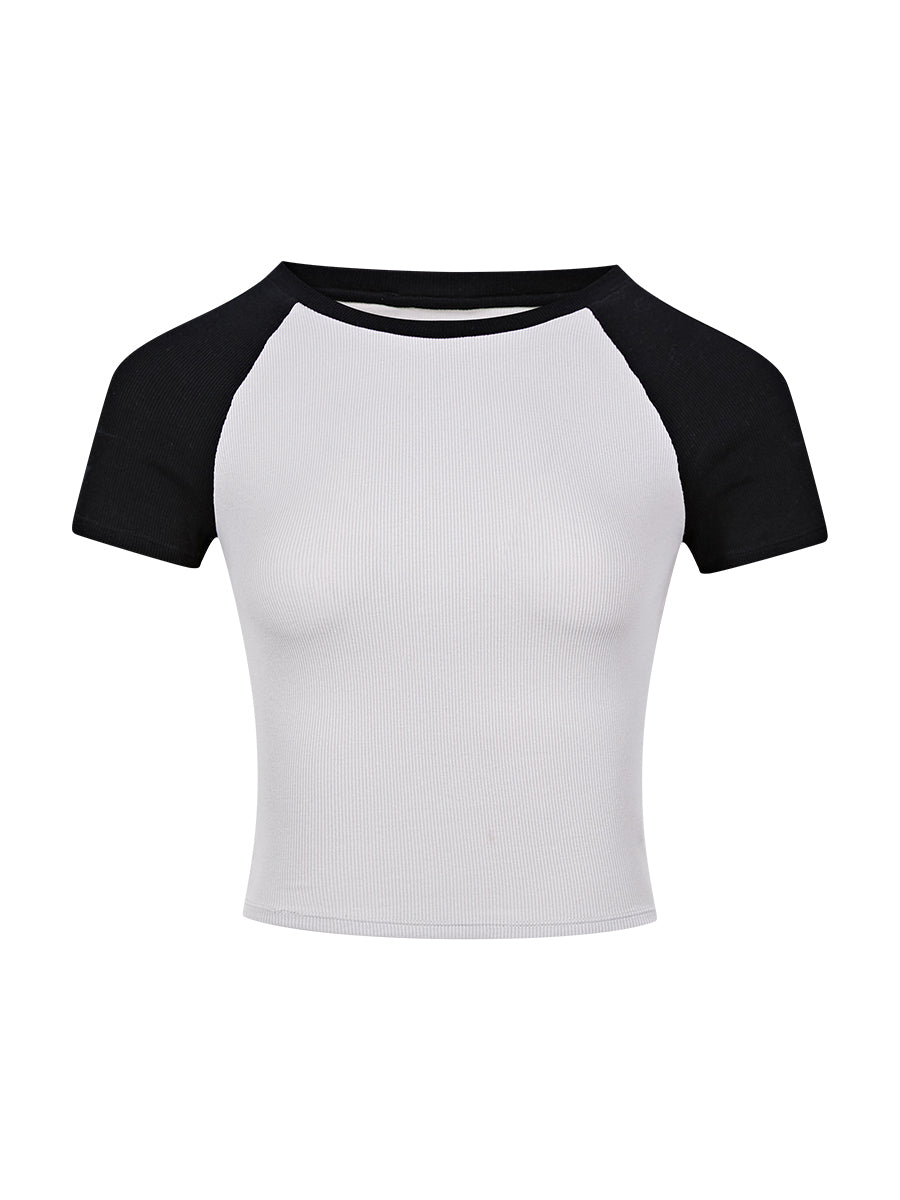 Shanxi Said Black and Gray T-shirt in Contrast Color Short Sleeve Women's High Elastic Tight Sexy Push-up Sexy Style Elegant Slim Looking Short Top