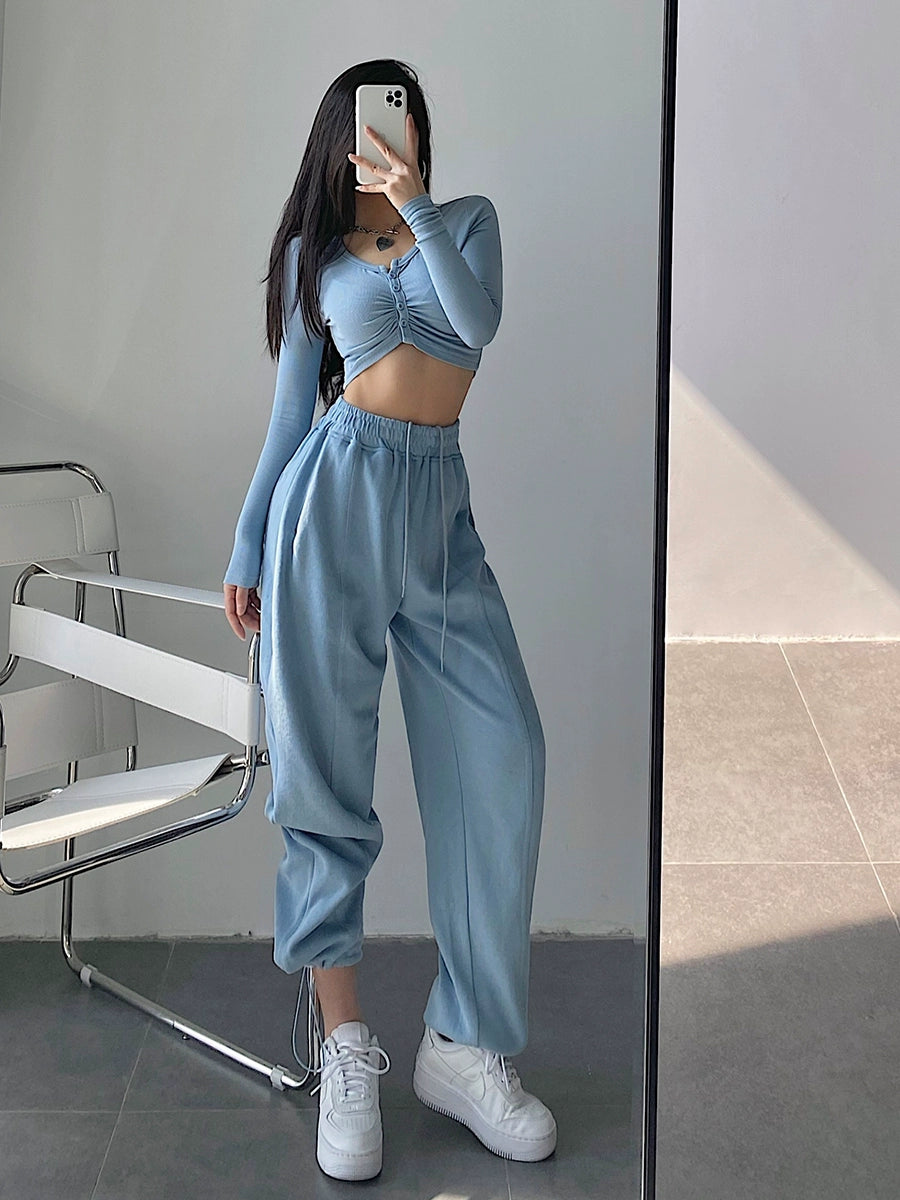 Fashion High Waist Loose Tappered Sports Pants Drawstring