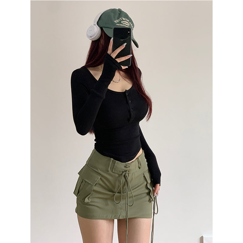 Sexy Stretch Button Short Upper Clothes Long Sleeves T-shirt