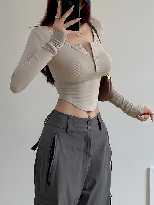 Sexy Stretch Button Short Upper Clothes Long Sleeves T-shirt