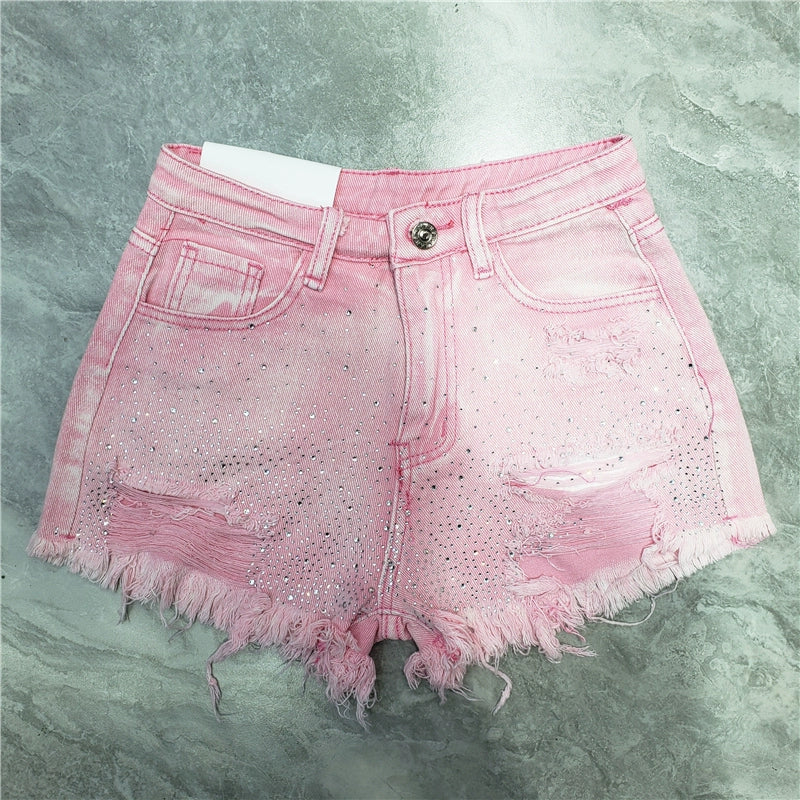 Fashion Sexy Ripped Raw Hem Jeans Female 24 Summer New Arrival High Waist Hot Pants Tassel Hot Drilling Stylish Super Short Shorts