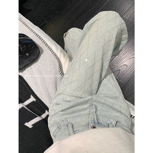 Yaoxiaojie American Style Quilted Hot Drilling Denim Female Summer High Waist Light Color Mop Wide Leg Pants