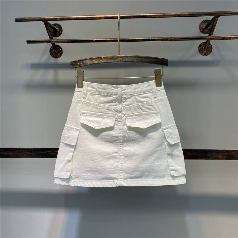 Summer Korean Style Large Pocket Anti-Wardrobe Malfunction White Denim Skirt