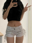 Estilo da moda Y2g Retro Rebite Elegante Alça Jeans Super Shorts Feminino Cintura Baixa Sexy Slim Olhando Hot Hip Calças