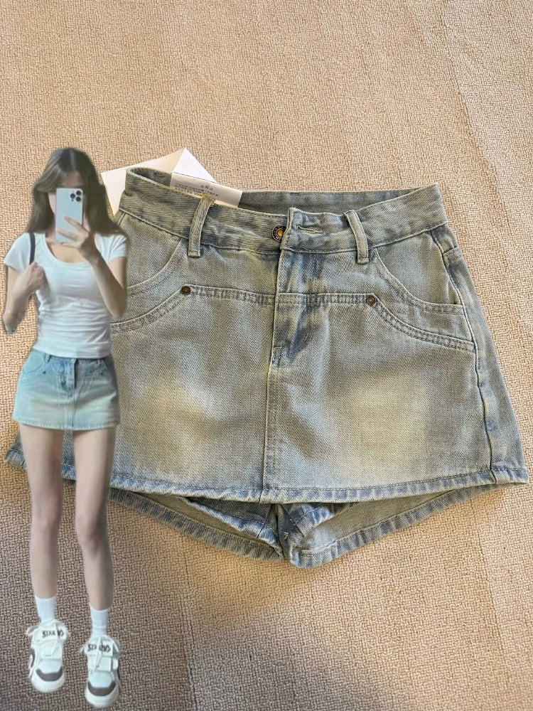 Sexy Vintage Denim Skirt Pantskirt Female Spring & Fall New Arrival A- line High Waist Small Fashion Tape Versatile Skirt