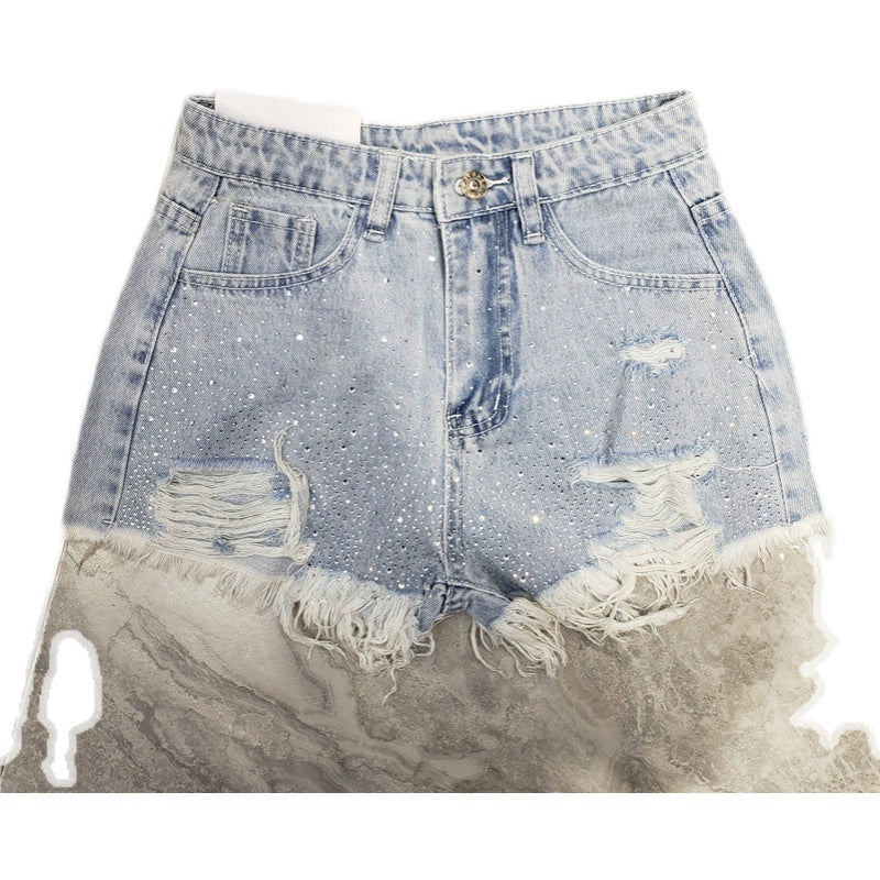 Fashion Sexy Ripped Raw Hem Jeans Female 24 Summer New Arrival High Waist Hot Pants Tassel Hot Drilling Stylish Super Short Shorts