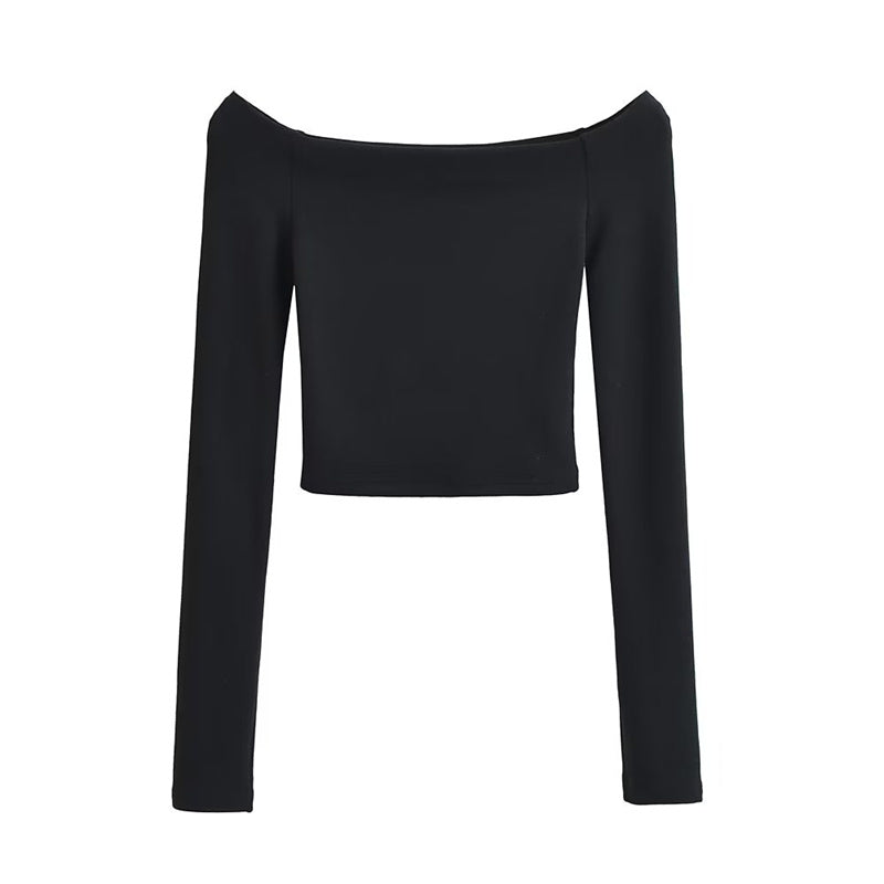 Sweet Sexy Sexy off-the-Shoulder Cashmere Fleece-lined Long Sleeves Pure Desire T-shirt Silm Slimming Inner Pure Color Bottoming Shirt Ins