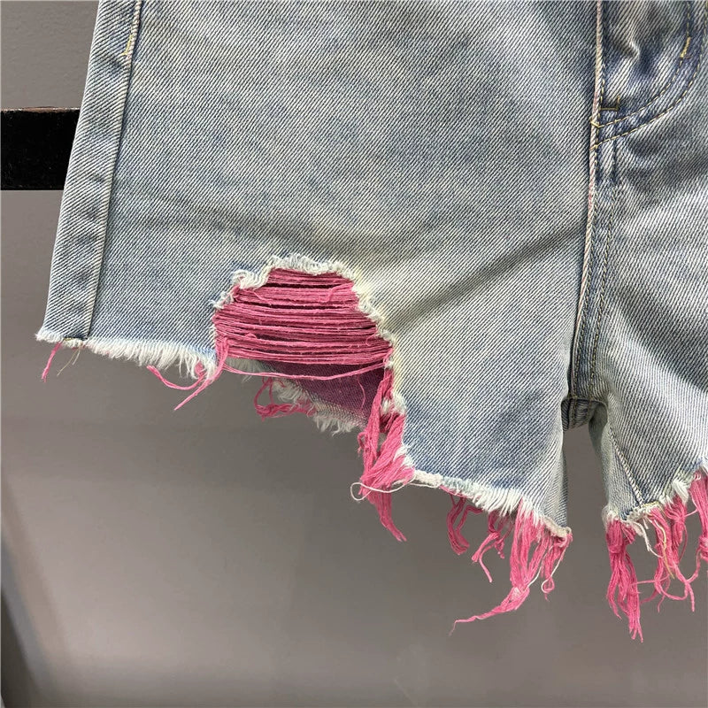 Color Ripped Jeans Shorts Women 2024 Summer New High Waist Slimming Gyaru A Word Frayed Wide Leg Pants Hot Pants