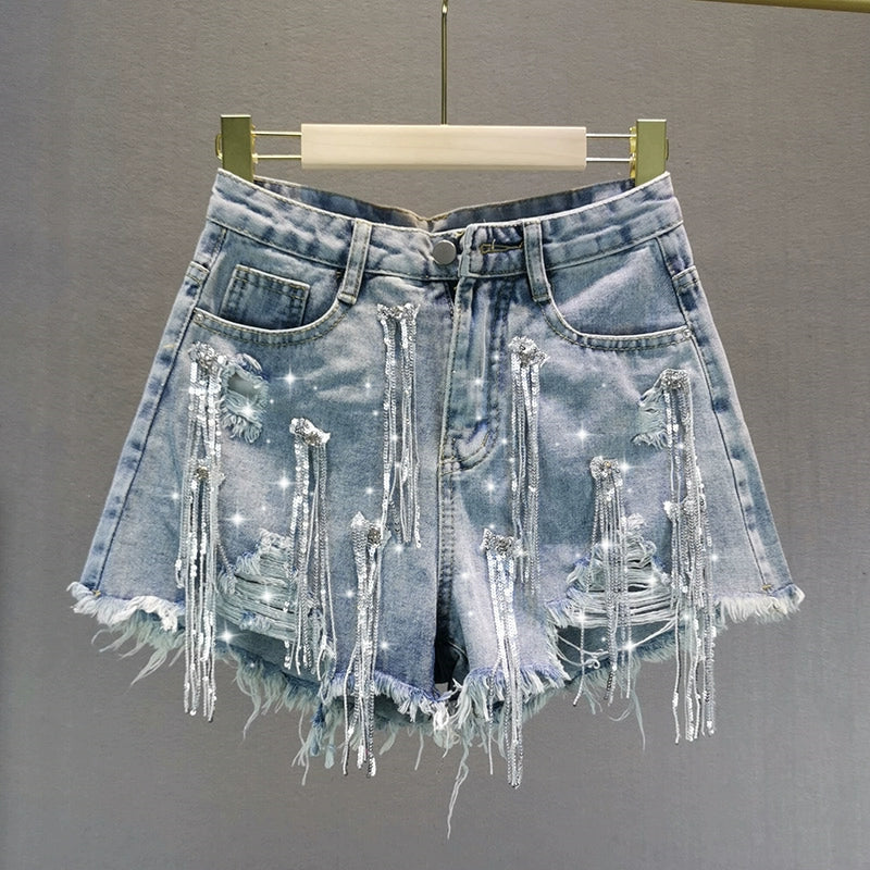 Estação Europeia Solta Cintura Alta Lantejoulas Denim Shorts Verão Wear