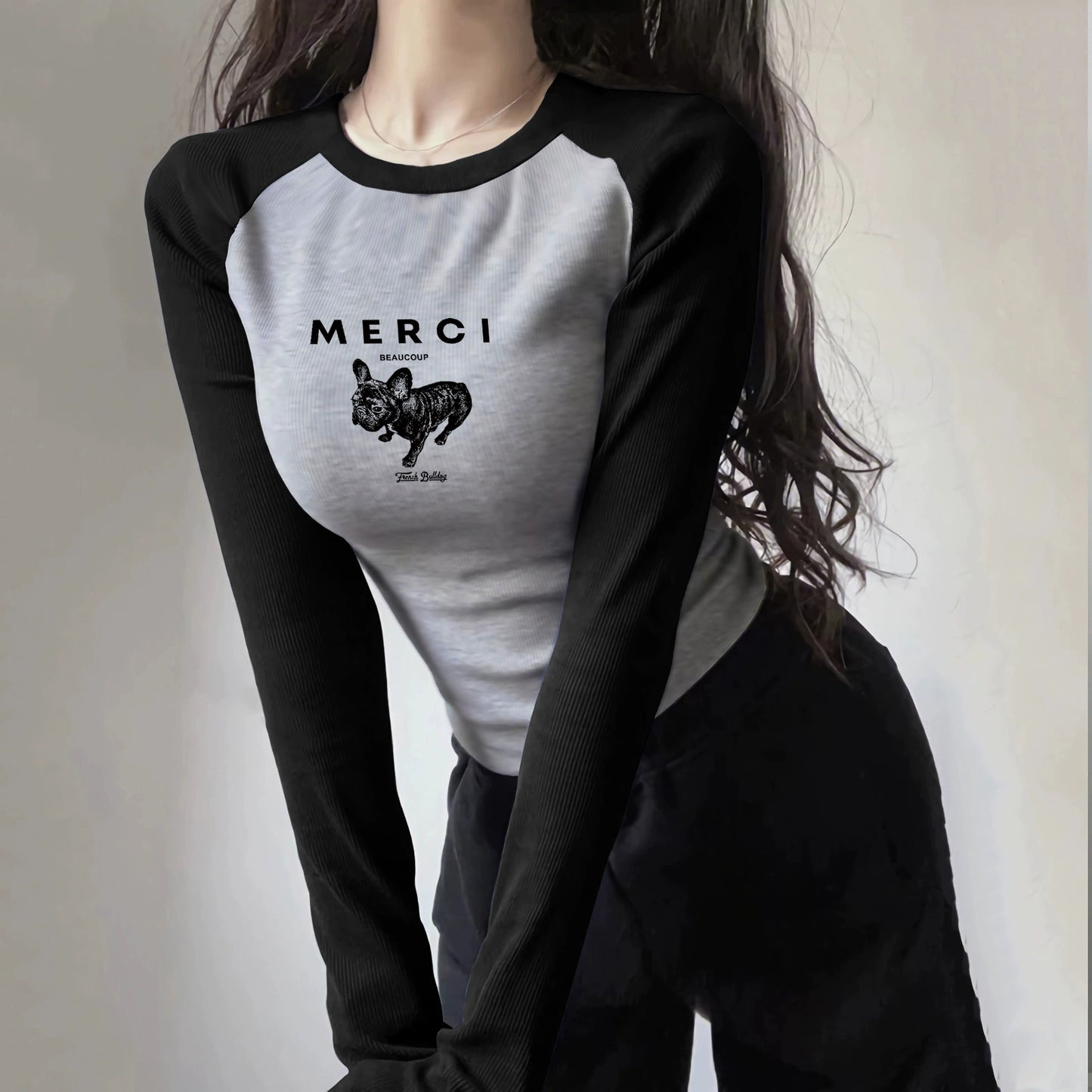 Tops Raglan de Mangas Compridas Feminino Outono e Inverno Slim Look Silm Design Furtivo Doce e Picante Camiseta Curta Americana Inner Bottoming Shirt