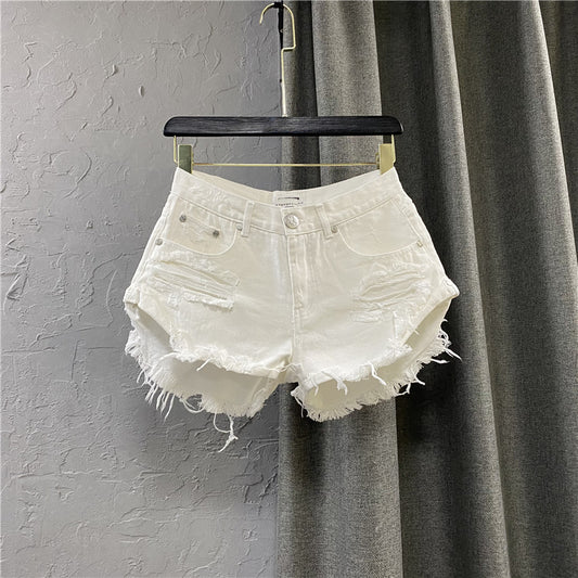 European Goods White for Summer Casual A- line Denim Shorts