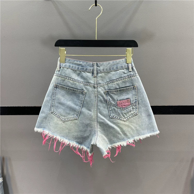 Shorts jeans rasgados coloridos femininos 2024 verão novo cintura alta emagrecimento gyaru a palavra calças largas desfiadas calças quentes